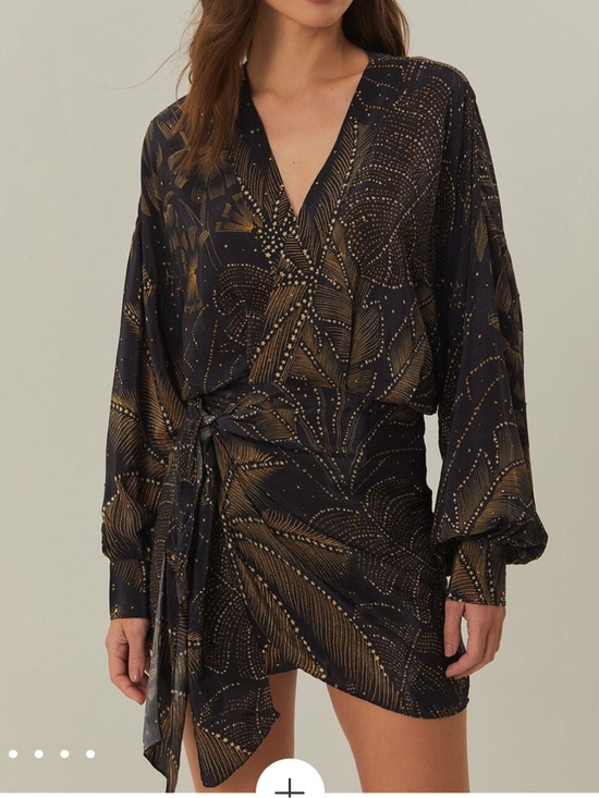 FARM Rio Dresses & Skirts - FARM Rio Golden Foliage Black Mini Puffy Sleeve Dress Size M Medium NWT